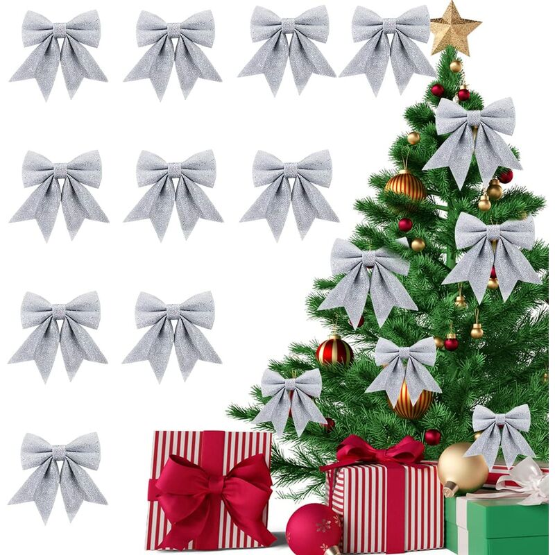 Lazo de Navidad blanco, 10 piezas de lazo de decoración de árbol de Navidad, mini lazos de árbol de Navidad, decoración del hogar para colgantes de árbol de Navidad, decoraciones de caja de recuerdo de fiesta