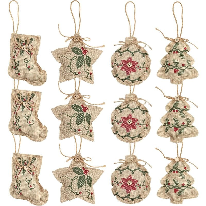 12 piezas de decoración de árbol de Navidad de yute, 3 piezas x 4 modelos de bolas de árbol y estrellas para decoración de Navidad, colgante de árbol de Navidad para decoración de árbol de Navidad natural