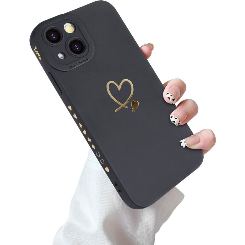 Funda compatible con iPhone 13, patrón dorado, diseño de corazón de amor, silicona líquida suave para iPhone 13, elegante funda protectora a prueba de golpes con lente todo incluido para iPhone 13