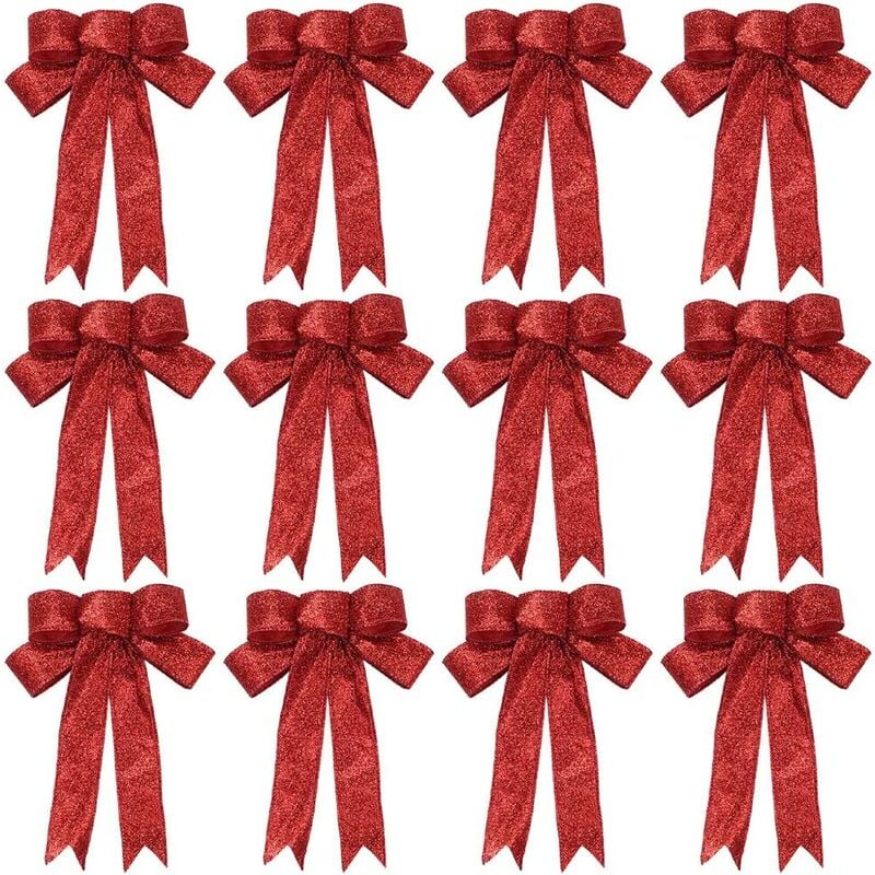 Lazos de brillo de Navidad, 12 piezas Lazos de cinta de Navidad roja Guirnalda de Navidad Lazos de árbol de Navidad Lazos de cinta de regalo para decoraciones de fiesta de Navidad Regalos, 23 * 18 cm