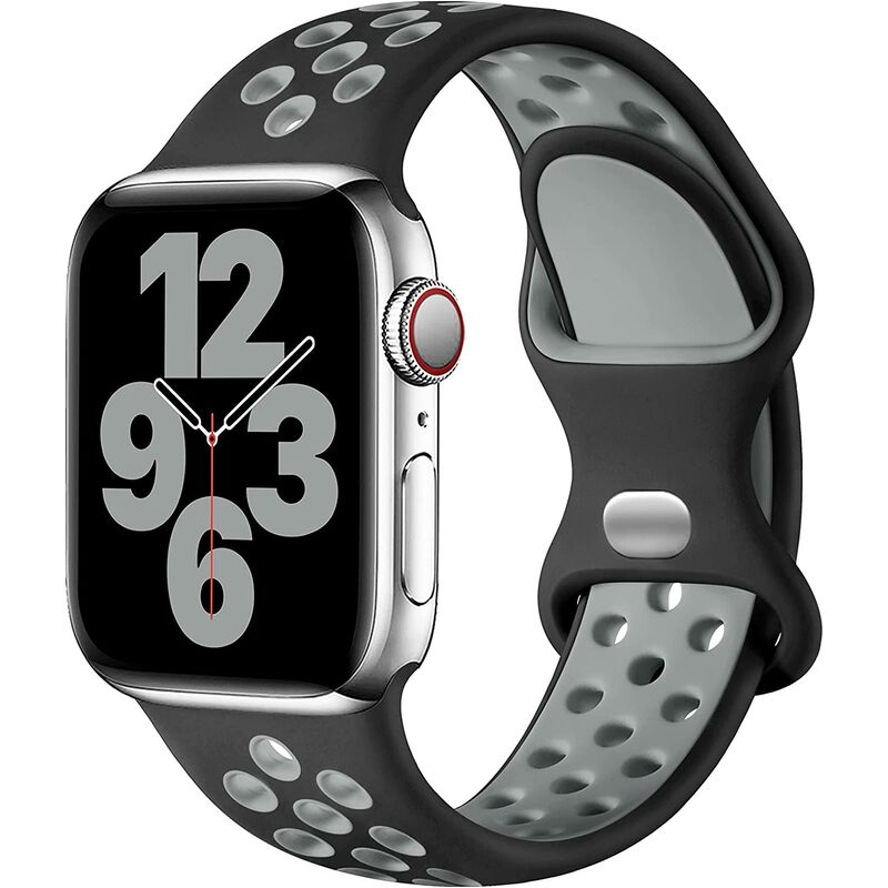 Correa deportiva compatible con Apple Watch Band 38 mm 40 mm 41 mm, correa de hebilla de doble orificio de silicona transpirable, para iWatch Series 7 6 5 4 3 SE, 38 mm/40 mm/41 mm-M/L, negro/gris