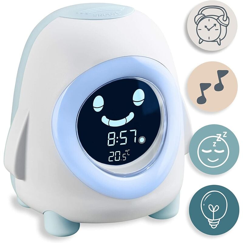 Reloj despertador para niños Pino con luz nocturna, música y luces, entrenador para despertarse y dormir, ayuda para dormir para niños y niñas, ayuda para dormir para niños y niñas