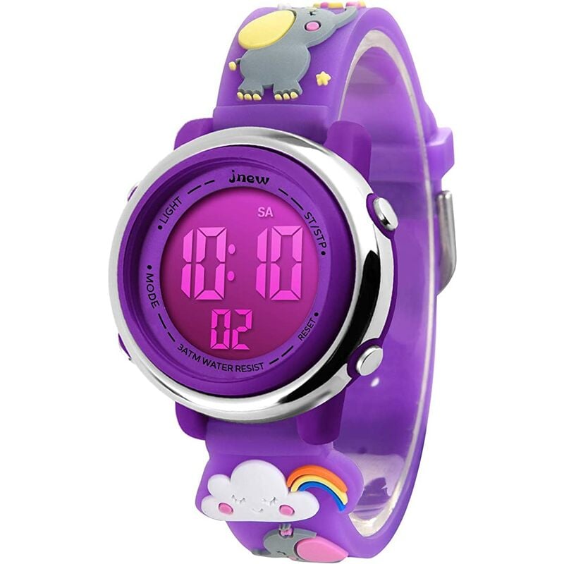 Relojes para niños Relojes digitales para niñas de 5 a 12 años Deporte a prueba de agua 3D Cute Cartoon Digital 7 colores Luces Reloj de pulsera para niños Niñas Regalos púrpura