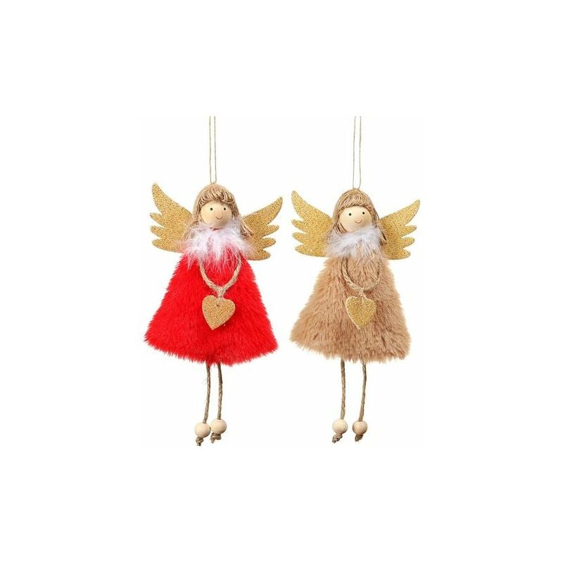 - Juego de 2 adornos colgantes y pinchos para muñecos de ángel de Navidad para árbol de Navidad (rojo ángel y caqui)
