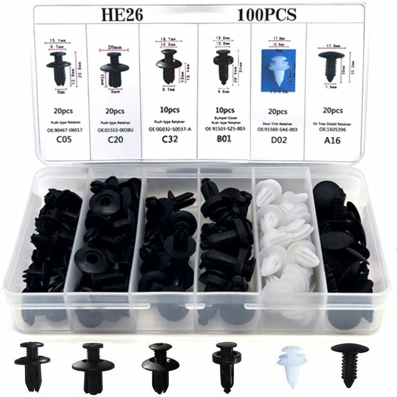 Clips de remache de plástico - BR-Vie Sujetador protector de remaches de plástico negro universal para paneles de puertas de autos con caja de almacenamiento y herramienta de instalación 100 piezas