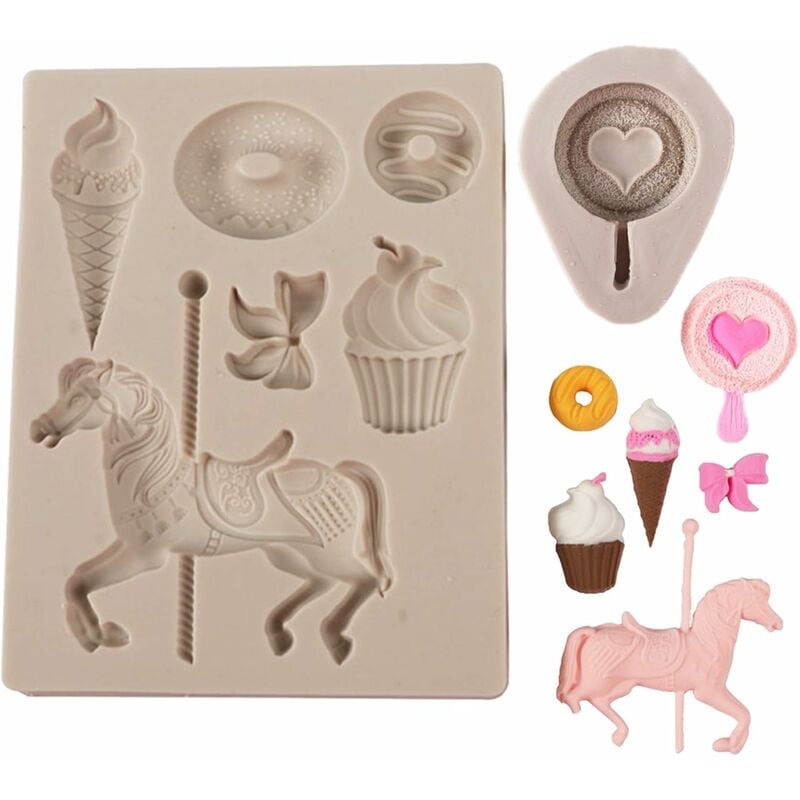 Carrusel Molde De Chocolate Molde De Silicona Para Fondant Antiadherente Y Fácil De Limpiar Con Rosquillas De Helado En Forma De Carrusel Y Otros Estilos Listos Para Hornear, Gris, 2 Piezas 13Thirteen