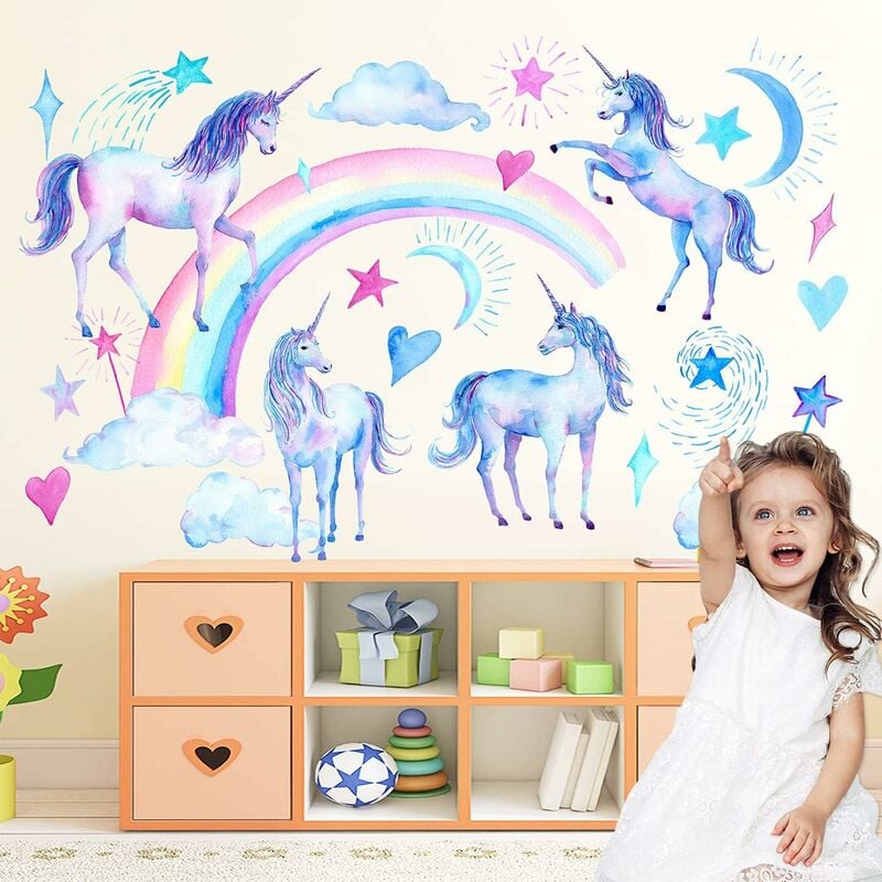 2 pegatinas de pared de unicornio, patrón de unicornio arcoíris, estrellas de colores, pegatinas de pared de unicornio para habitación de niñas para niños, habitación de niñas, guardería, regalo de Navidad, decoración de fiesta de cumpleaños, 13 trece