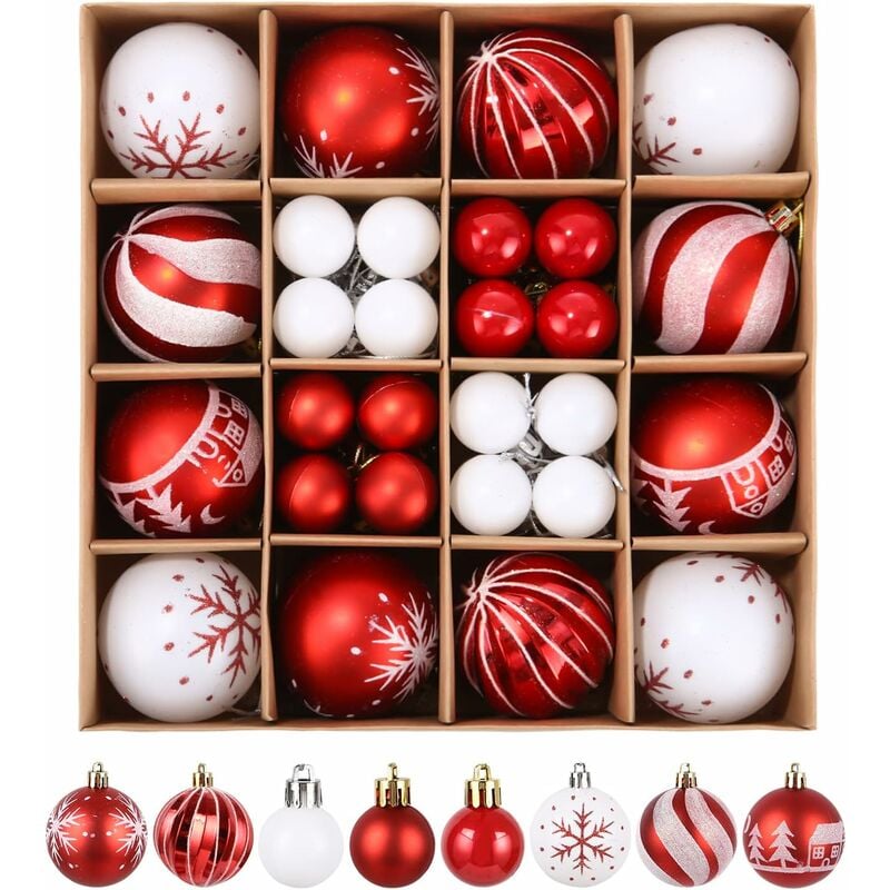 Juego De Bolas De Navidad, Juego De Bolas De Navidad De Plástico De 44 Piezas, Decoración De árbol De Navidad Bolas De Navidad Blancas, Bolas De Navidad Rojas, 13Thirteen