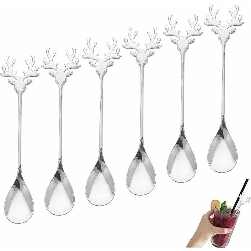 6 Piezas Cuchara De Acero Inoxidable En Forma De Alce Cuchara De Postre Cuchara Cuchara De Navidad Cuchara De Café Creativa Cucharadita Cucharadita (Plata) - 13Thirteen