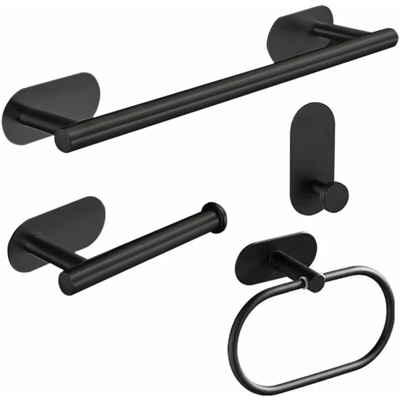 Juego de accesorios de baño, 4 piezas sin perforar toallero de baño, anillos de toalla de acero inoxidable negro, soporte de papel higiénico adhesivos negros 13Thirteen