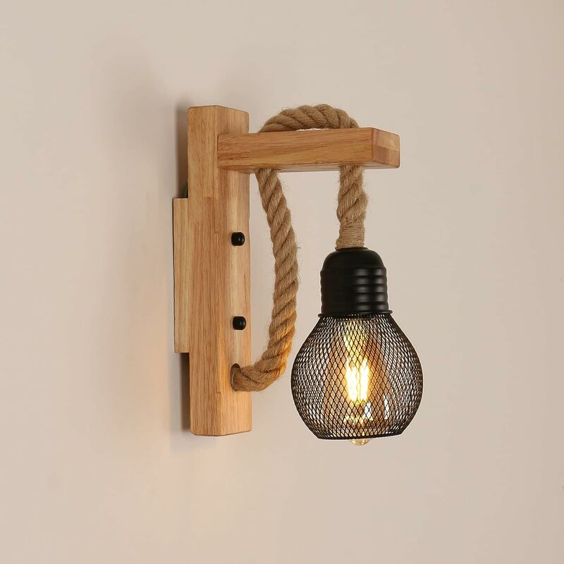 Aplique de pared industrial vintage, lámpara de pared de madera rústica retro, pantalla de jaula de metal negro, iluminación de pared colgante de cuerda de cáñamo para dormitorio, sala de estar (sin bombillas) 13Thirteen