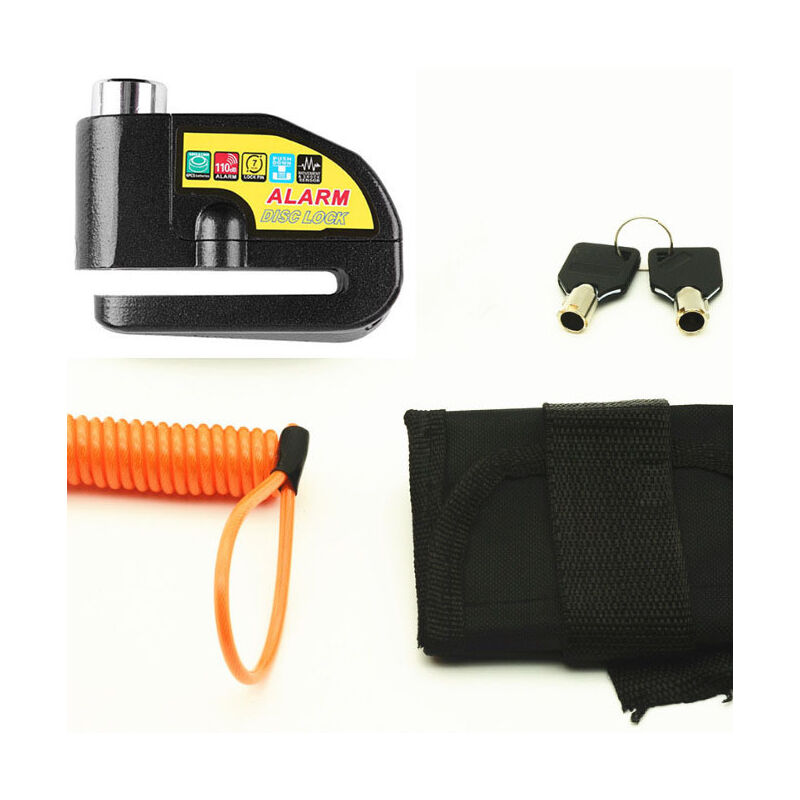 Candado de disco de alarma antirrobo para motocicleta Candado de disco de scooter con alarma de 110db, 2 llaves, cable antirrobo de 1,2 m, 1 bolsa de candado de disco de alarma para motocicleta/bicicleta/scooter