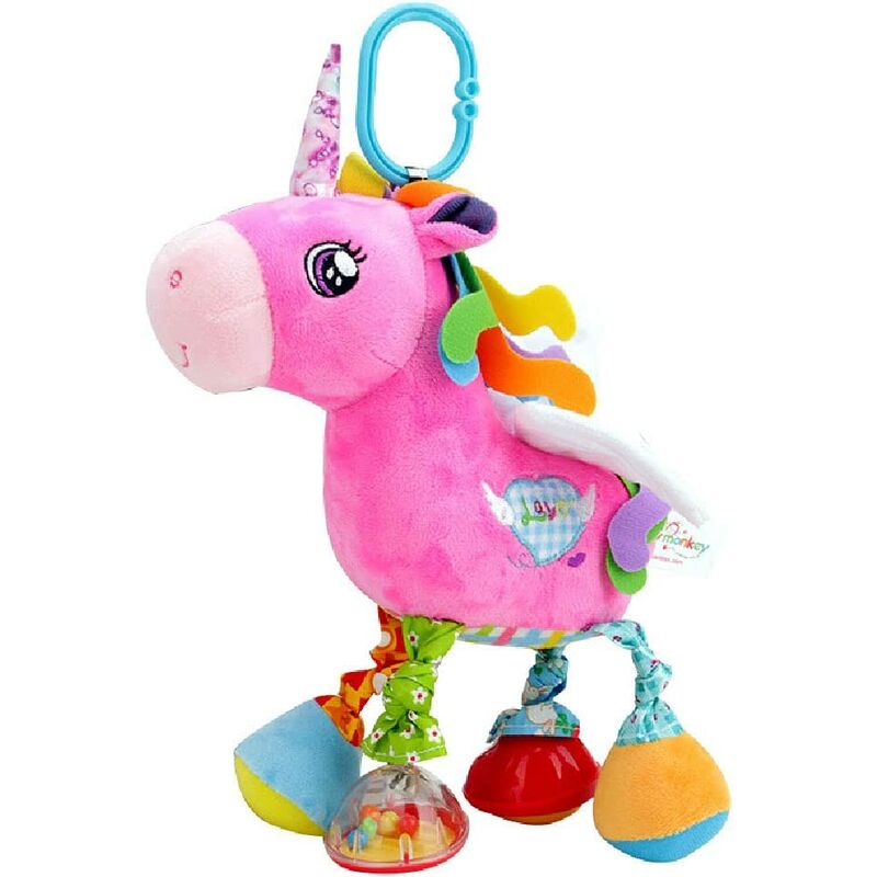 Juguete sonajero para cochecito de bebé, anillo colgante de peluche de animal relleno, cama de cuna para recién nacido alrededor del juguete con sonido y mango para 0-3 años (unicornio)