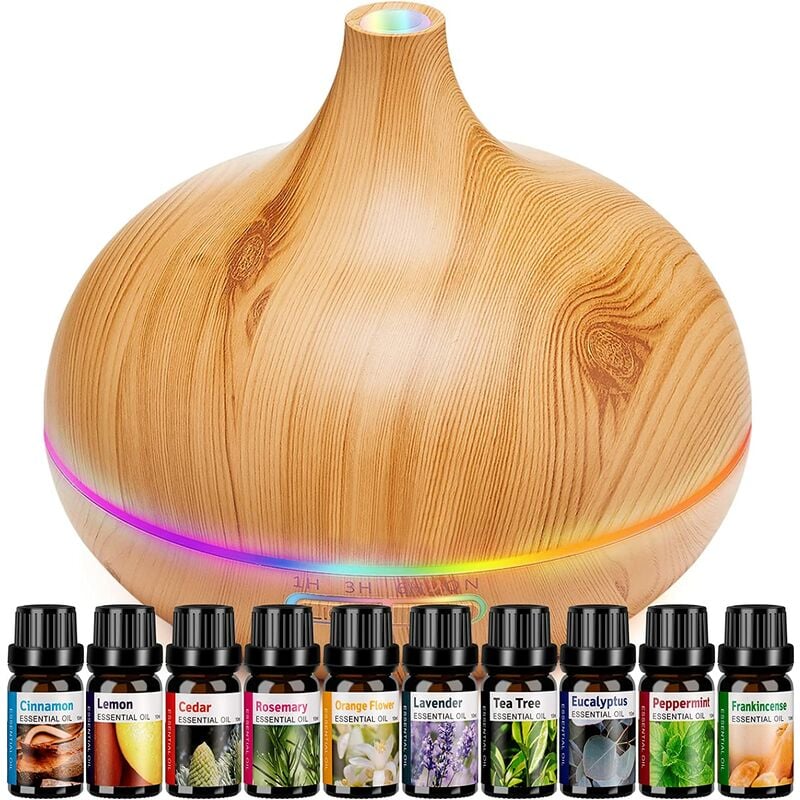 Difusor de aroma para aceite esencial Juego de difusores de habitación grande con 10 aceites esenciales, difusor de aromaterapia ultrasónico de 550 ml con aceite esencial, vaporizador de dormitorio Humidificador de niebla fría para oficina en casa