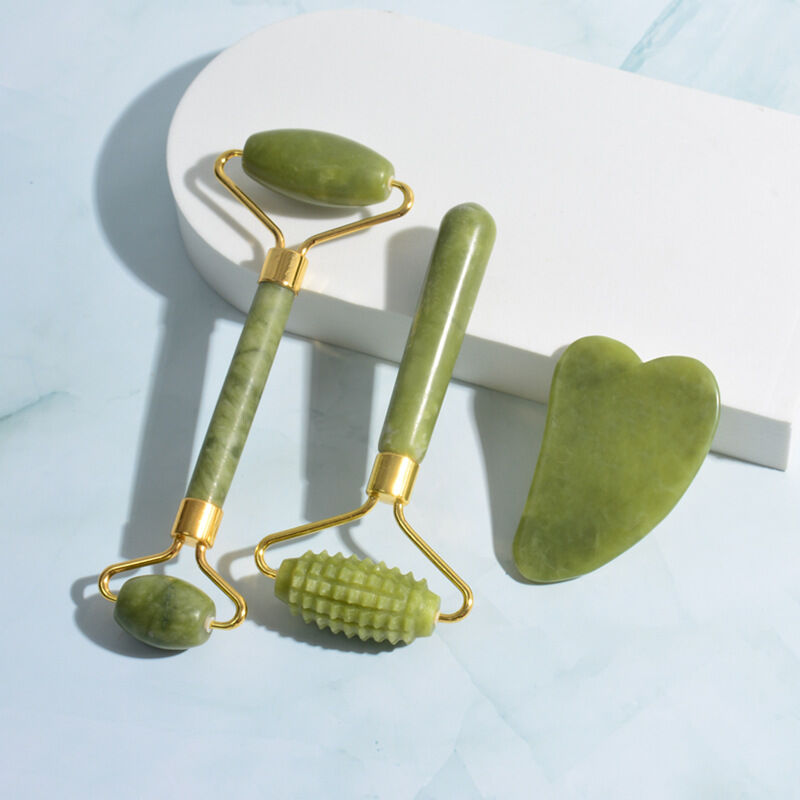 Rodillo de gua sha y jade de 3 piezas para el cuidado de la cara Regalos para mujeres - Rodillo masajeador muscular Relajación Alivio de las arrugas - Jade curativo natural