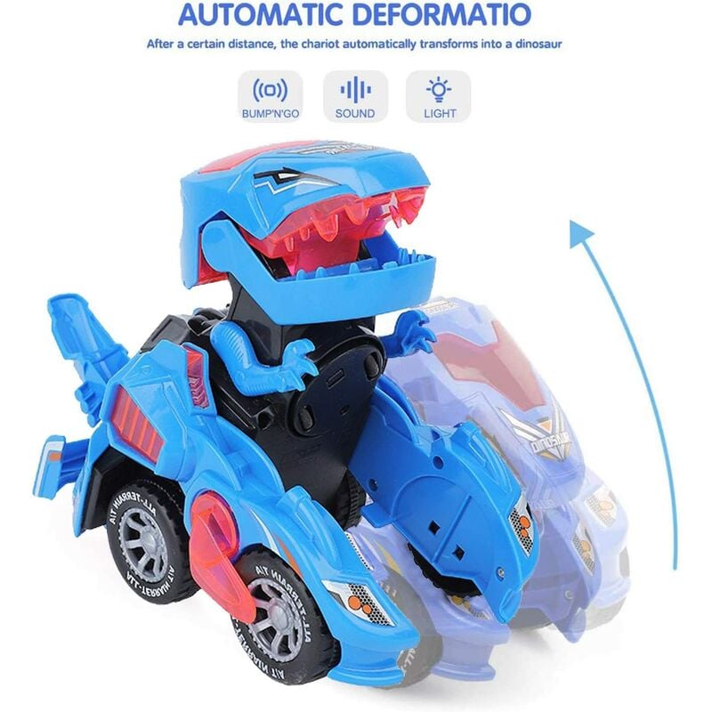 Coche LED de dinosaurio transformador 2 en 1 con luz y música, juguetes transformadores T Rex para niños de 3 4 5 años, regalos de cumpleaños de Navidad para niños 3-5-7 (azul)