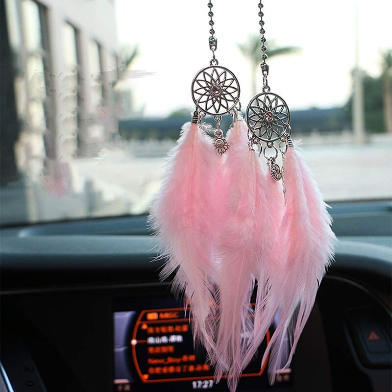 Colgante colgante para espejo retrovisor de coche, atrapasueños de plumas, abalorio de cristal, accesorios de decoración de coche para mujer (rosa)