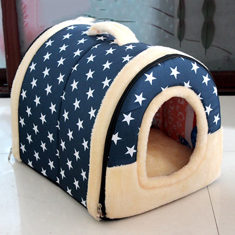 Nido de sofá de invierno para cama de gato suave y cálida, casa de gato iglú portátil, mini cama de cachorro, cama de gato, gatito, cachorro y conejo, estrellas azules