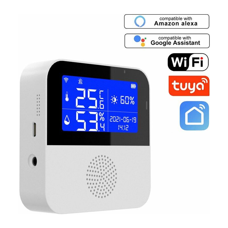 Sensor de termómetro higrómetro WiFi con sonda externa, monitor de temperatura y humedad digital inalámbrico Actualización de sincronización en tiempo real, con retroiluminación LCD, alarma de zumbador, funciona con la aplicación Tuya, para invernadero doméstico