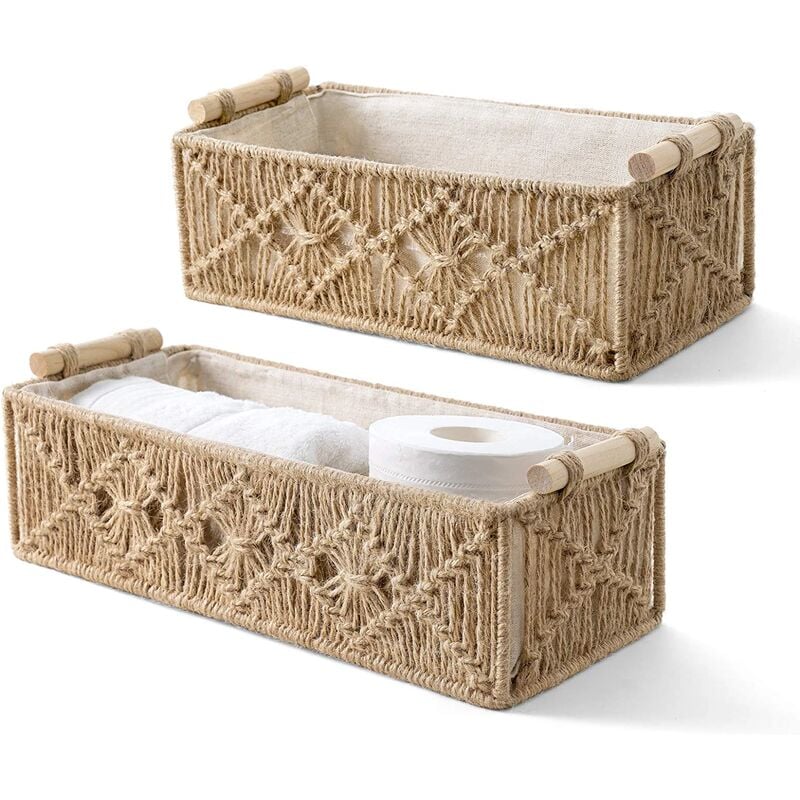 Juego de 2 cestas de almacenamiento de macramé, caja decorativa bohemia, tejida a mano, decorativa, para encimera de inodoro, estante de cisterna para dormitorio, habitación de niños, sala de estar, hogar, marrón