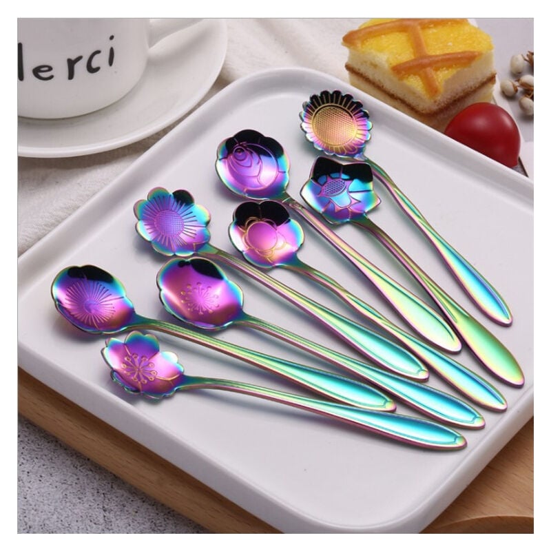 Juego de 8 cucharas de flores, cucharas de té reutilizables de acero inoxidable, cuchara agitadora, cuchara de café, cuchara mezcladora, cuchara de azúcar, postre, pastel, cuchara de helado, vajilla para fiesta de té (longitud: 4,9 pulgadas, arcoíris)