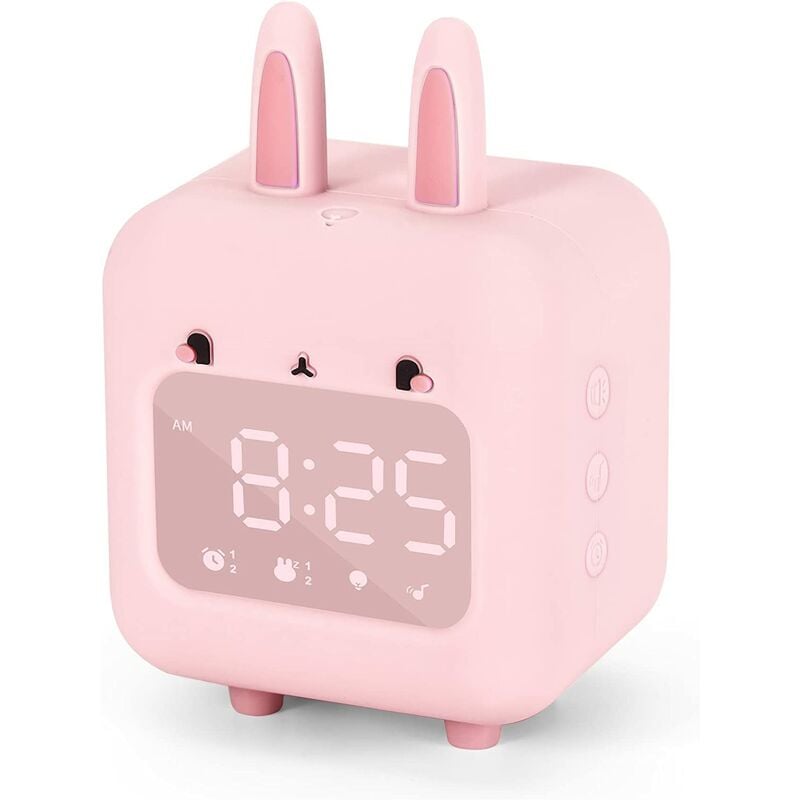 Reloj despertador para niños, reloj despertador digital para niños, bonito reloj despertador de conejo para niñas, reloj despertador de ruido blanco, luz nocturna con USB, reloj despertador para niños para dormitorio de niñas (rosa)