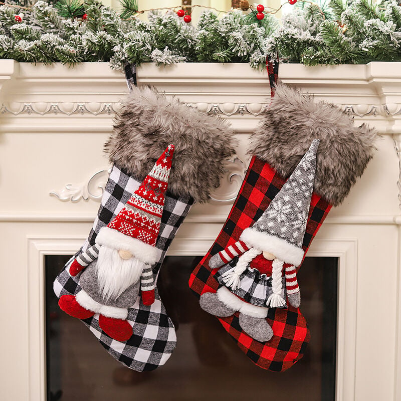 Medias navideñas de gnomo: medias navideñas suecas de Papá Noel a cuadros rojos para la familia, los niños, la decoración del árbol de Navidad (2 paquetes, a cuadros rojos y negros, a cuadros blancos y negros).