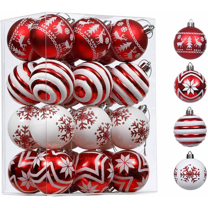 Decoraciones de bolas navideñas, 24 bolas colgantes de decoración de árboles de Navidad, adornos navideños, decoraciones para fiestas, 4 tipos de bolas de 2,36 pulgadas (adornos navideños de 60 mm) bolas navideñas rojas + blancas