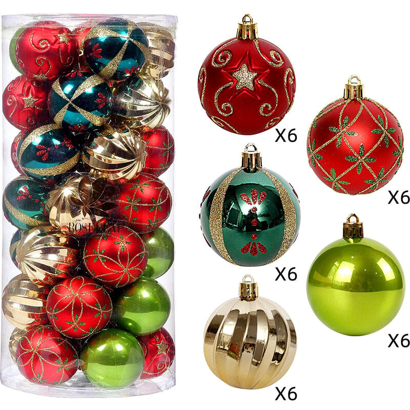 Adornos para árboles de Navidad, juego de decoración de bolas de Navidad de 30 quilates, 2,36 pulgadas, bola de Navidad roja, verde y dorada, juego de adornos para árboles colgantes inastillables