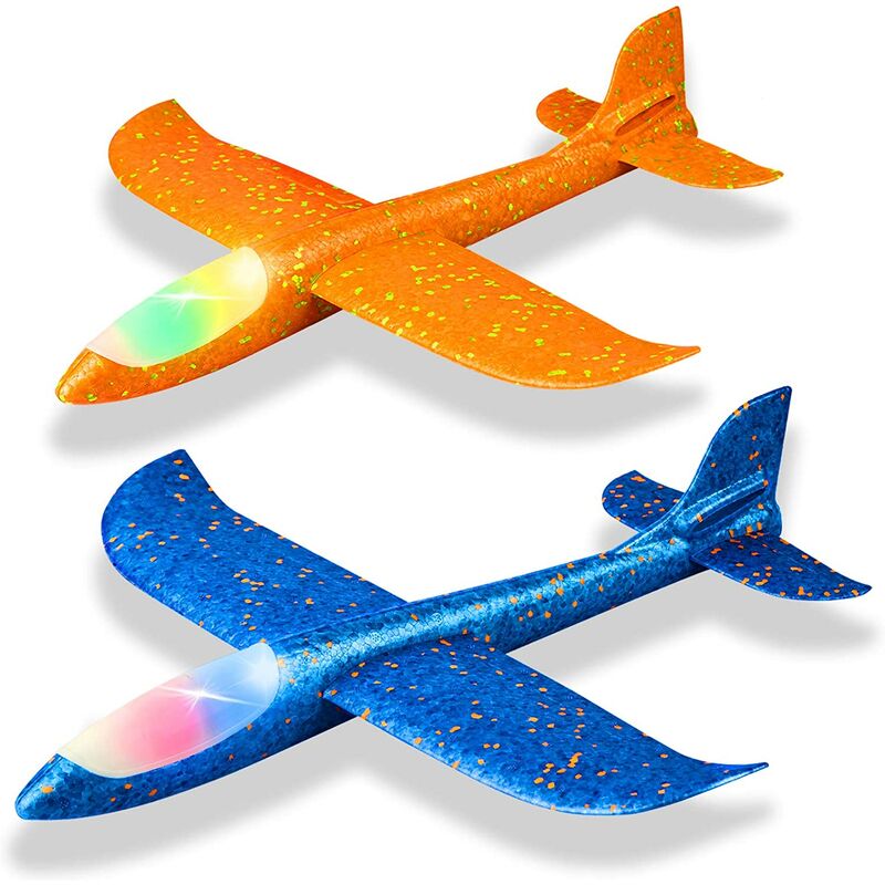 Paquete de 2 aviones con luz LED, avión de espuma grande de 17,5 pulgadas, avión planeador de 2 modos de vuelo, juguete volador para niños, regalos para niños de 3 4 5 6 7 8 9 años, juguetes deportivos al aire libre para fiestas de cumpleaños, aviones de espuma