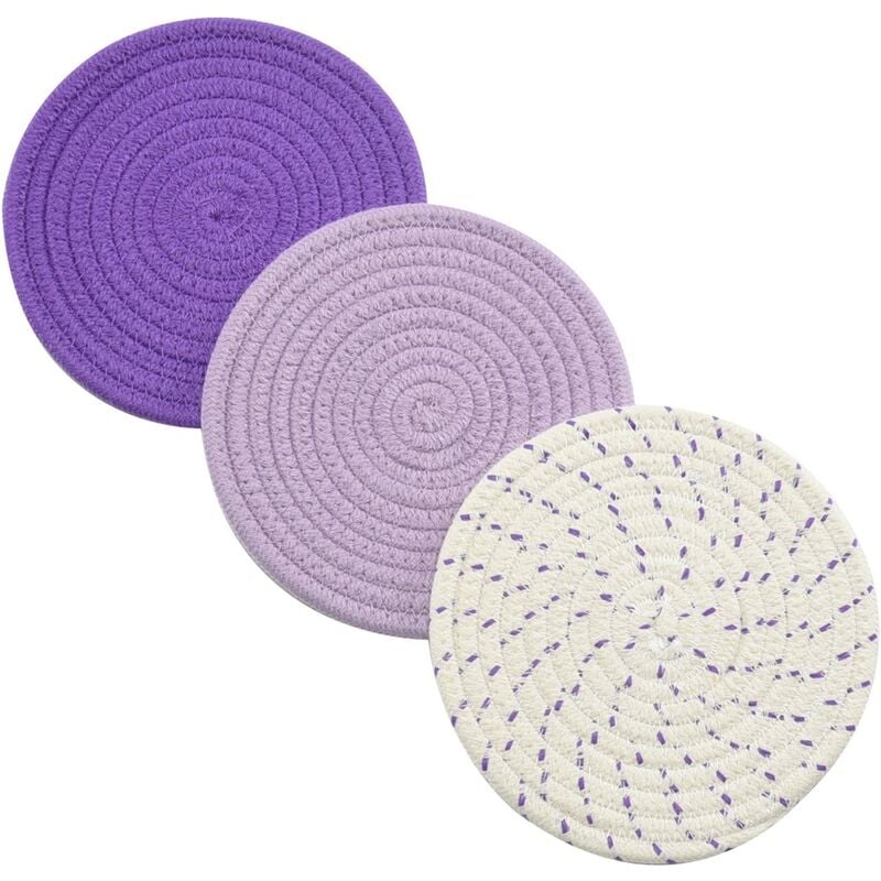 Juego de soportes para ollas Juego de salvamanteles 100% algodón puro Tejido de hilo Juego de soportes para ollas calientes (juego de 3) Elegantes posavasos, almohadillas calientes, alfombrillas calientes, soporte para cucharas para cocinar y hornear de 7 pulgadas de diámetro (púrpura)