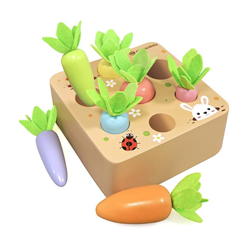 Juguetes para 1 2 3 años de edad - Regalos para 6 12 18 meses Bebés Niños Niñas Juego de cosecha de zanahorias de madera Juguete educativo Aprendizaje Clasificación de formas Juguete a juego para bebés 1-3 Rábano tirado colorido