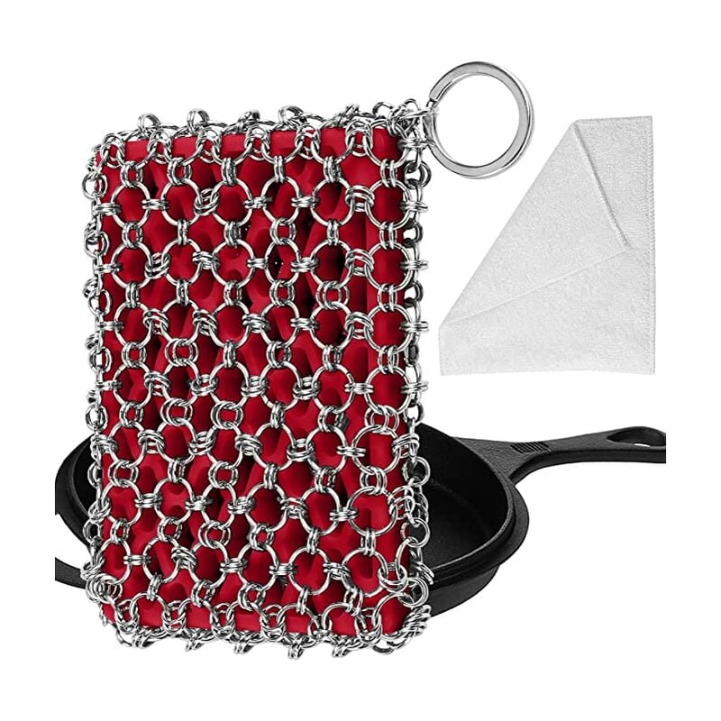 Limpiador de sartenes de hierro fundido, fregador de cadenas mejorado para sartenes de hierro fundido, cepillo raspador de metal de acero inoxidable para accesorios de wok de hierro fundido, kit de herramientas de esponja de limpieza (rojo)