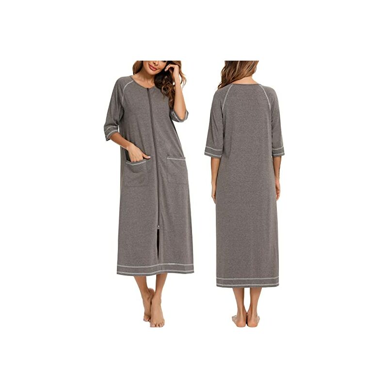 Bata de mujer con cremallera, abrigo de oficina, pijama de manga 3/4, vestido casual de mujer de cuerpo entero con bolsillos, gris, S-XXL