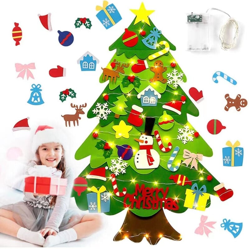 Árbol de Navidad de fieltro para pared de niños, árbol de Navidad de fieltro para niños pequeños con luces + 41 adornos, juego de árbol de fieltro para bricolaje, decoraciones navideñas, regalos de Navidad para niños pequeños