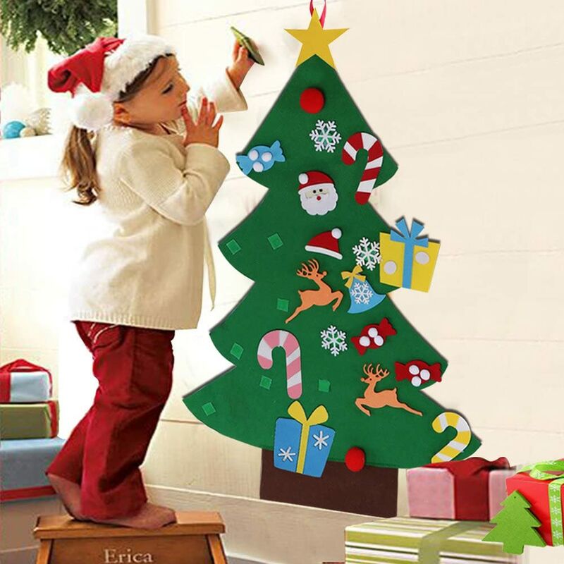 Juego de árbol de Navidad de fieltro DIY + 26 piezas de adornos desmontables, regalos de Navidad colgantes de pared para niños para decoraciones navideñas