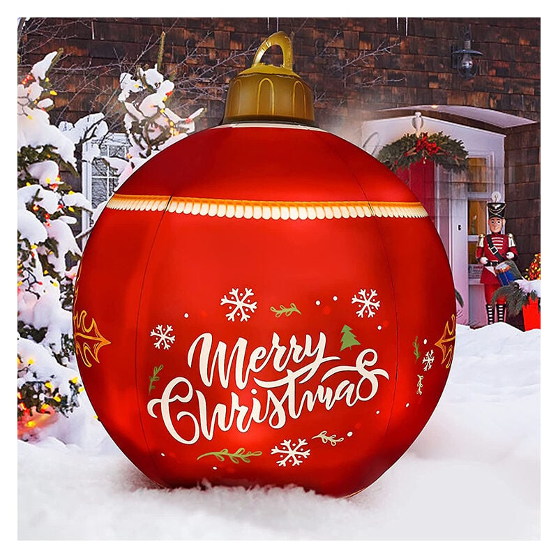 Bola de Navidad inflable de PVC iluminada con soporte de peso grande firmemente en el patio, bola grande decorada al aire libre de 24 pulgadas con luz, mando a distancia, bomba de aire para decoración de patio y piscina, color rojo