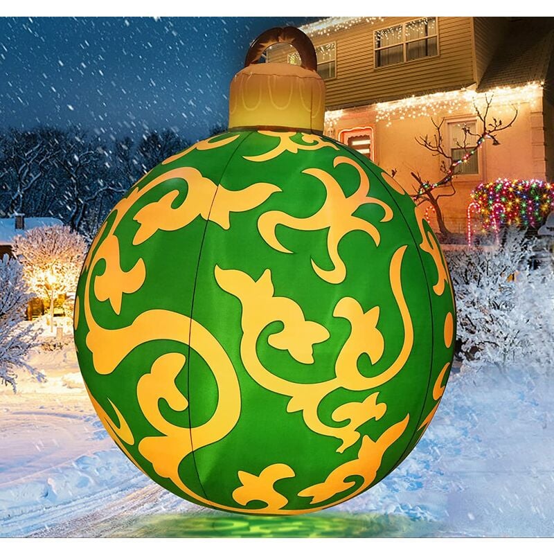 Bola de Navidad inflable de PVC iluminada con soporte de peso grande firmemente en el patio, bola grande decorada al aire libre de 24 pulgadas con luz recargable y mando a distancia para decoración de patio y piscina, 1 pieza, color verde