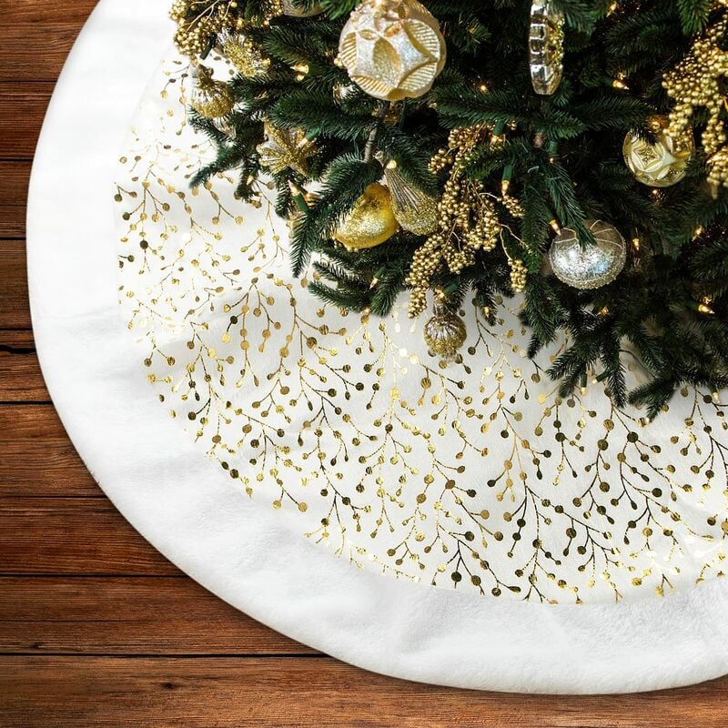 Falda de árbol de Navidad de 48 pulgadas, faldas de árbol de Navidad de piel sintética de retazos de felpa dorada grande cubierta de base de estera de árbol para decoraciones de interior de vacaciones de Navidad de invierno (122 cm)