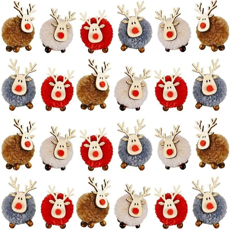 Paquete de 24 colgantes de asta de alce de madera de fieltro de lana para decoración de árbol de Navidad, adorno artesanal de ciervo encantador para decoración de árbol de Navidad, decoración de hogar de Feliz Navidad