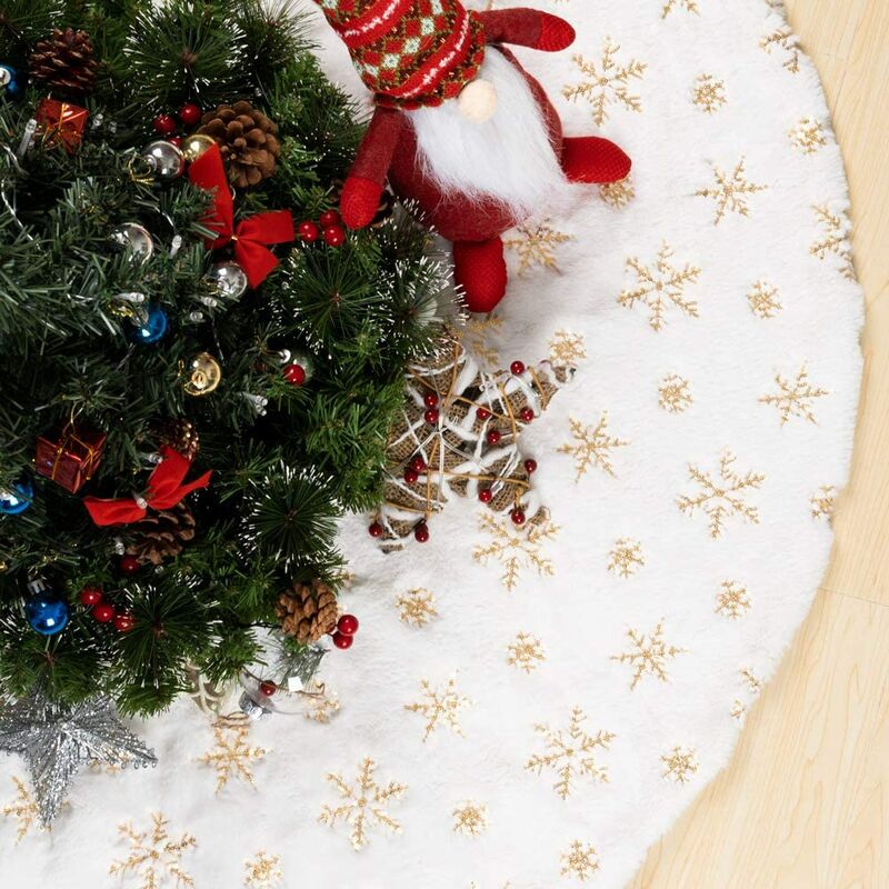 Falda de árbol de Navidad de 48 pulgadas, alfombrilla de árbol de Navidad blanca y dorada, falda de árbol de piel sintética blanca nevada para decoración de Navidad, vacaciones, hogar, fiestas, adornos (blanco/dorado)