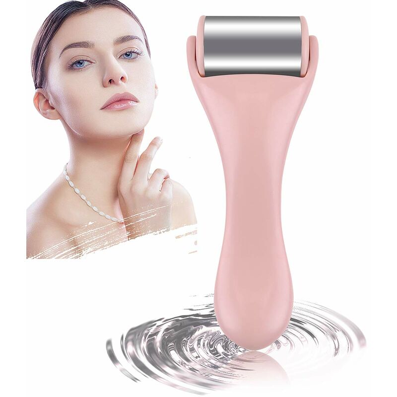 Rodillo de hielo para cara y ojos, hinchazón, migraña y alivio del dolor, rodillo facial para bolsas de ojos, enrojecimiento, dolores de cabeza, rodillo facial frío para el cuidado de la piel, masajeador facial de acero inoxidable (rosa)