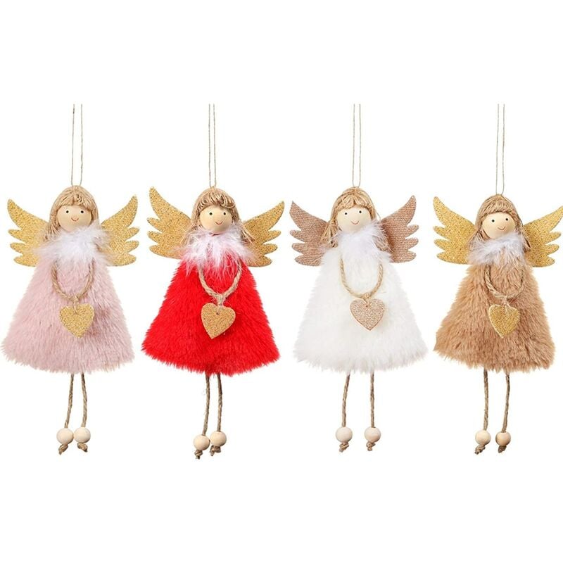 Paquete de 4 adornos de árbol de Navidad de ángel, adornos de muñeca de ángel colgantes de felpa de corazón, regalos colgantes de ángel de vacaciones (blanco, rosa, amarillo, rojo)