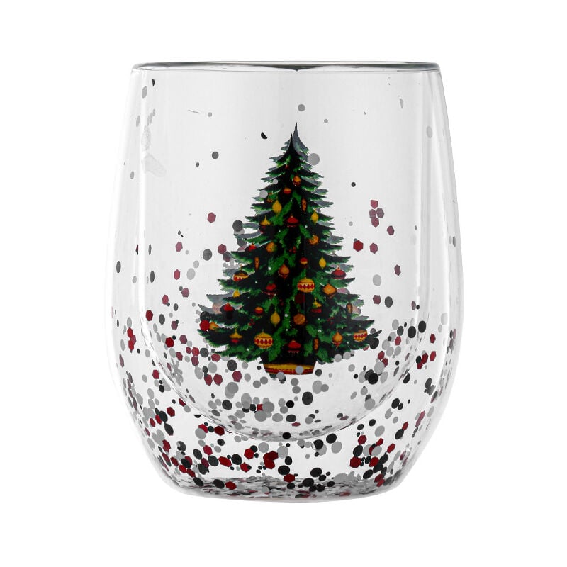 Copa de Navidad con lentejuelas de flujo de vidrio doble resistente al calor de Navidad de 300ml taza de leche de árbol de Navidad de copo de nieve de dibujos animados encantadores