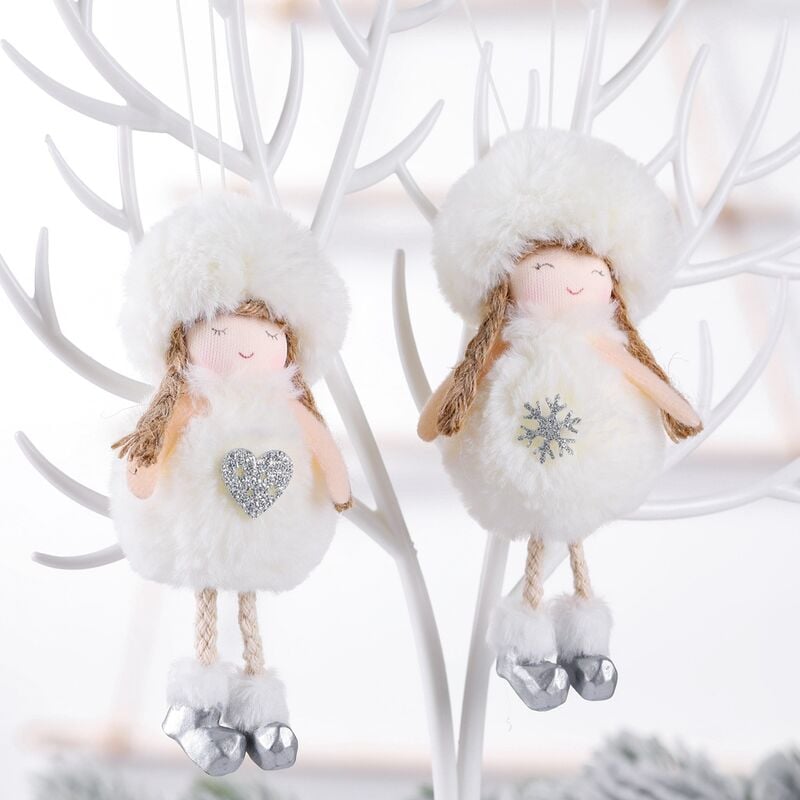 2 uds decoración navideña lazo de Navidad Bola de peluche colgante de Ángel árbol de Navidad niña colgante de Ángel (blanco)