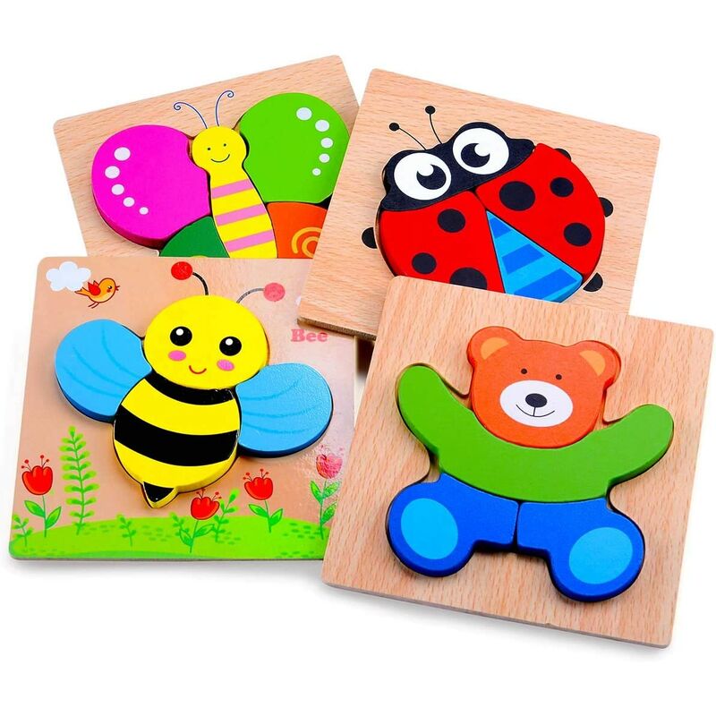 Juego de 4 rompecabezas de madera para niños pequeños: Juguete STEM de desarrollo temprano para bebés de 1 a 3 años; Cada rompecabezas contiene 4-5 piezas: mariquita, oso, abeja y mariposa.