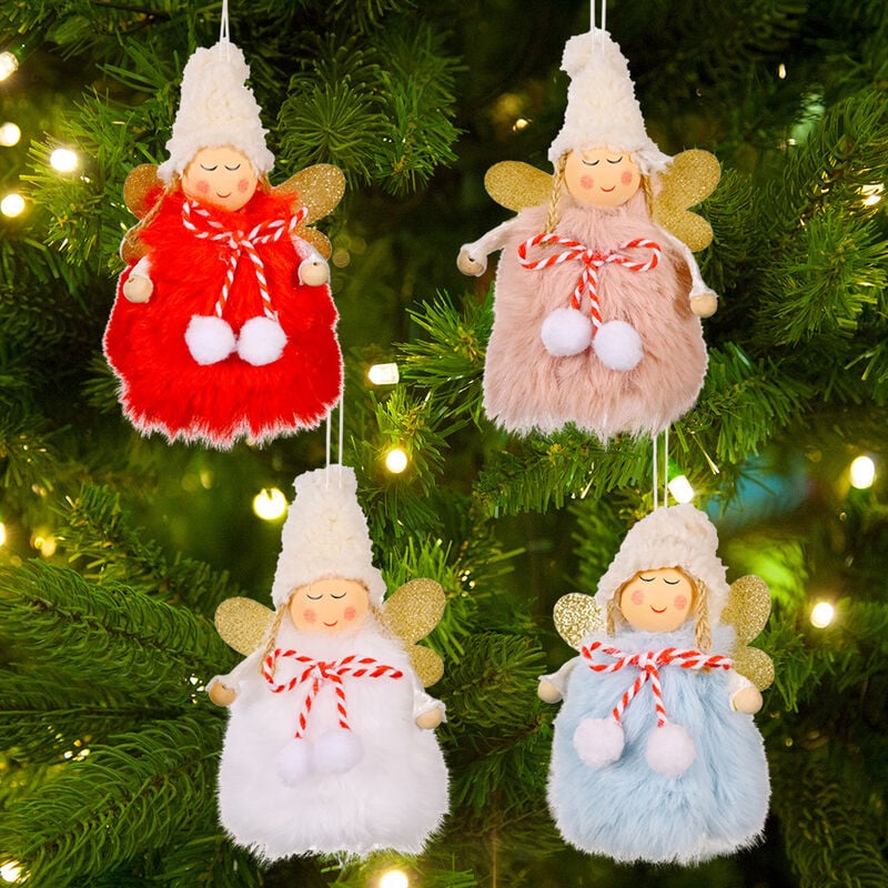 4 Adornos navideños Lazo navideño Bola de pelo pelusa ángel colgante Árbol de navidad niña Ángel colgante 14 x 7 x 7 cm