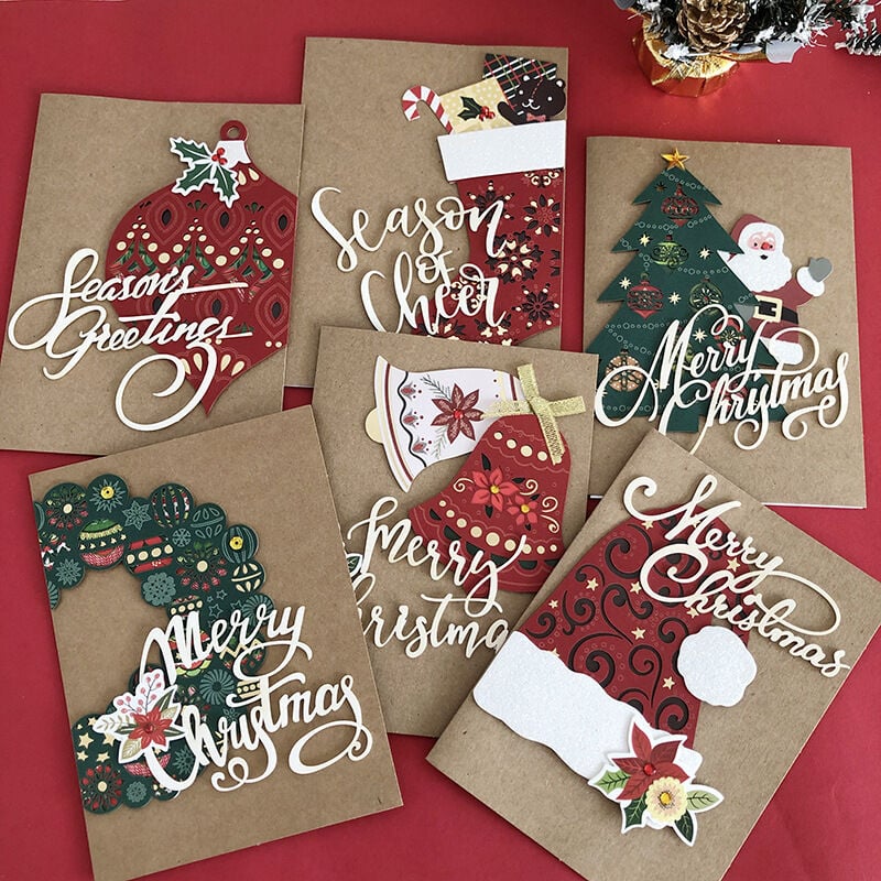 8 piezas de tarjetas de felicitación navideñas en 3D, tarjetas de felicitación de papel marrón, tarjetas de felicitación navideñas doradas