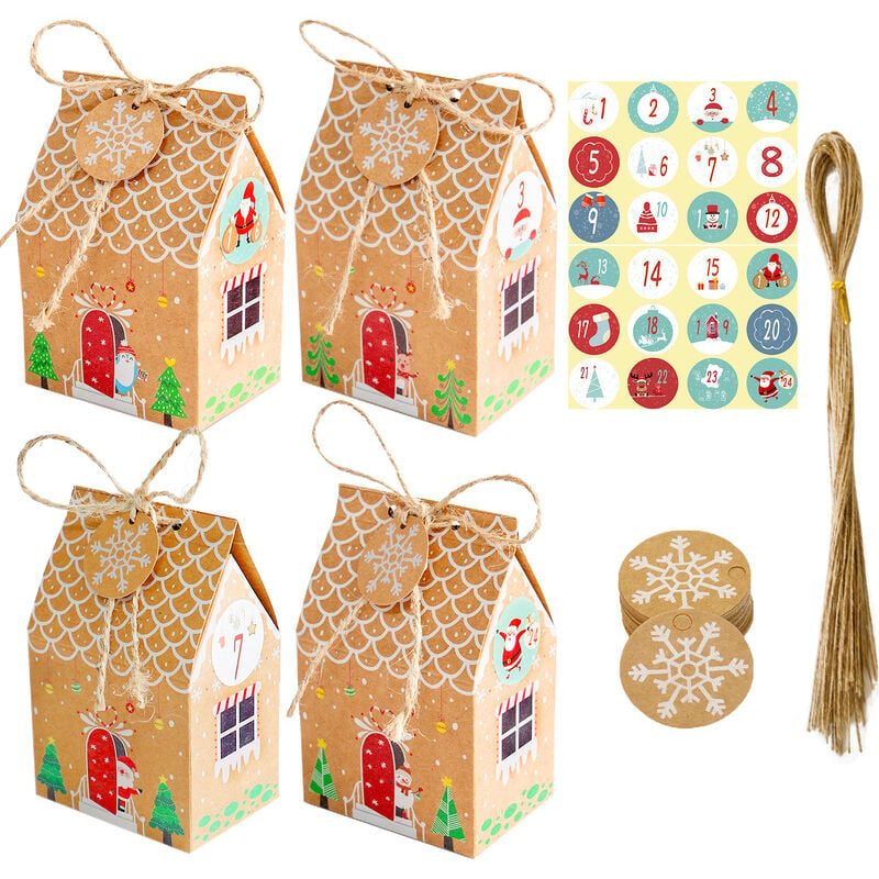 Casa de pan de jengibre de Navidad, casa, caja de dulces, calendario de llegada de Navidad, caja de embalaje de papel Kraft, caja de papel pequeña de regalo, 24 juegos
