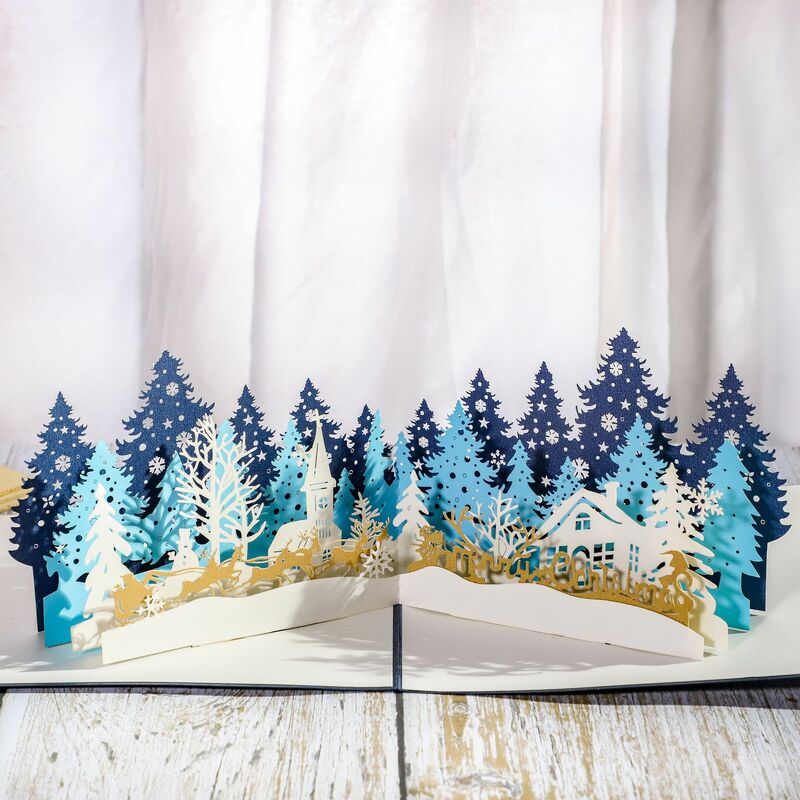 Tarjetas navideñas 3d, tarjetas navideñas emergentes, tarjeta de felicitación tridimensional plegada (bosque navideño)